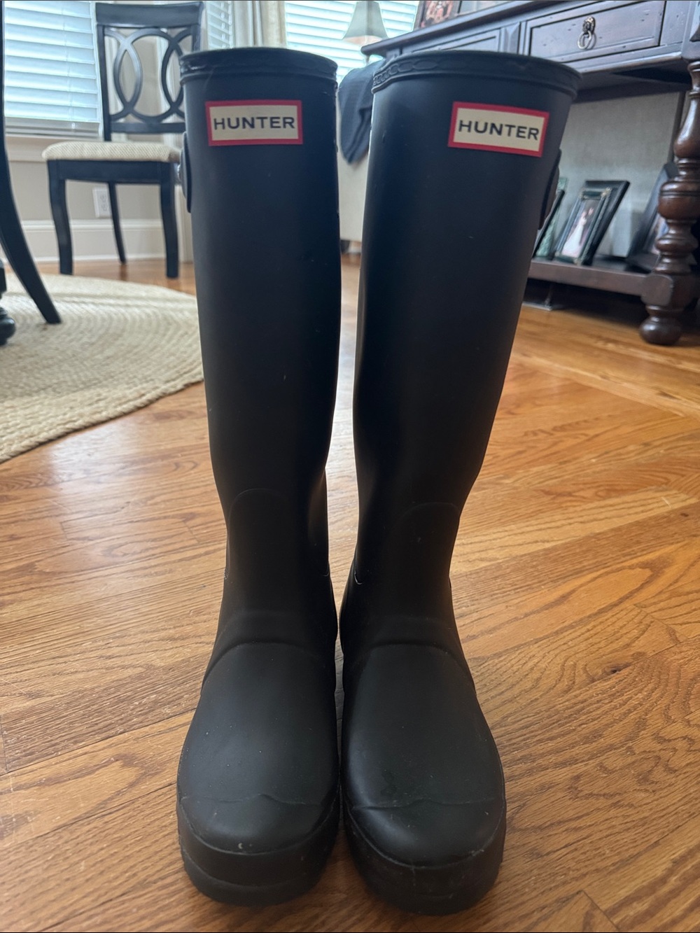 Hunter Black Knee-High Rubber Boots with Red Logo